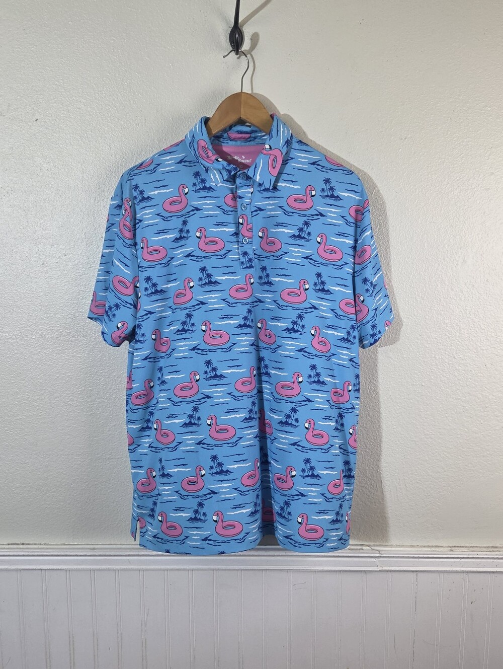 Birdie Bound Men's L Blue Pink Flamingo Pool Float Golf Polo Shirt Performance